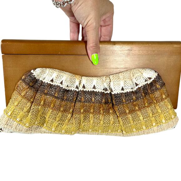 RETRO Woven Clutch Purse Wood Festival Boho Bohemian 70s Neutral Summer Fall - Picture 2 of 11